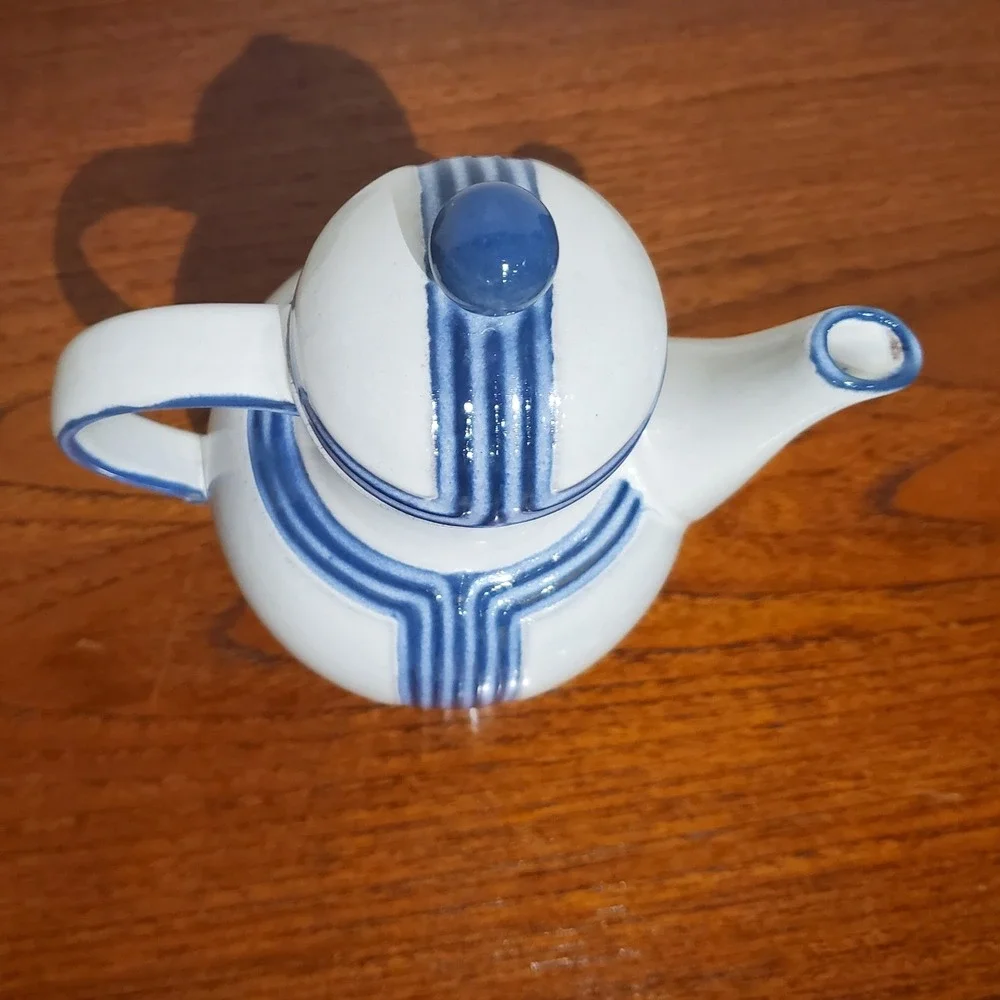 German Steingutzes Gutezeichen Ceramic Coffee Pot Blue and White Mid Century